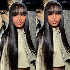Straight Human Hair Wigs With Bangs Full Machine Made Wig Cheap Brazilian Hair Wigs Short Bob Wigs 3x1 HD Lace Wigs (Density: 150 density, Stretched Length: 20inches)